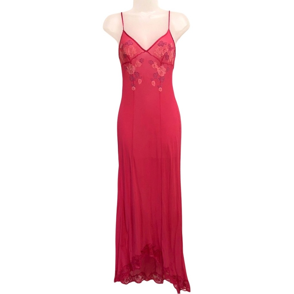 Vintage Victoria's Secret Fuchsia Silk Maxi Slip Dress with lace trim